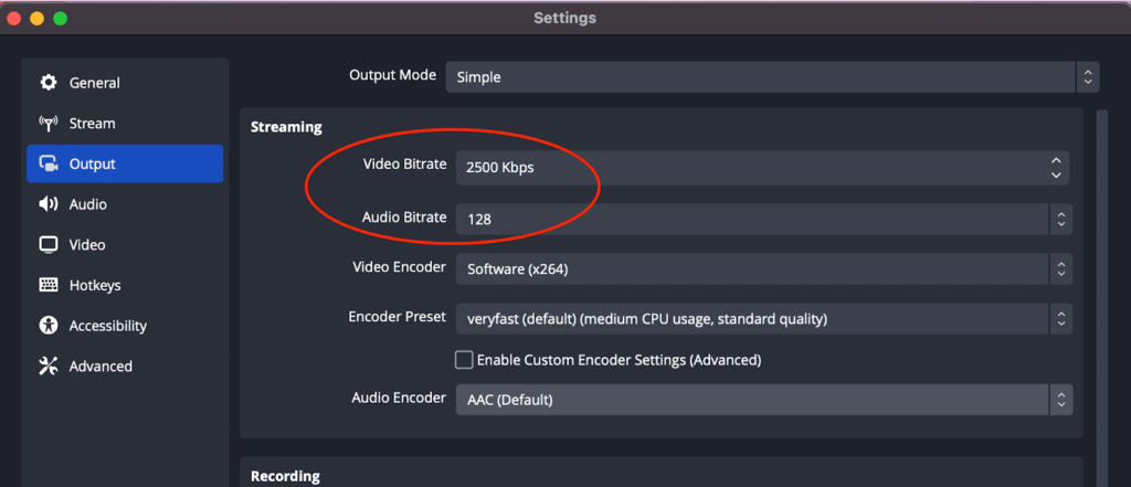 Video Audio bitrate settings for live streaming